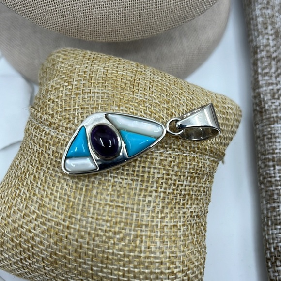 🌊 Jay King Mine Finds 925 Silver Turquoise, Amethyst & MOP Eye Pendant - Picture 10 of 10